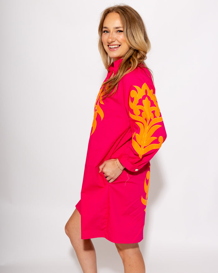 Baroque Floral Applique Shift Dress in Fuchsia