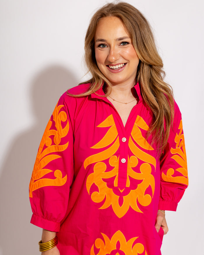 Baroque Floral Applique Shift Dress in Fuchsia