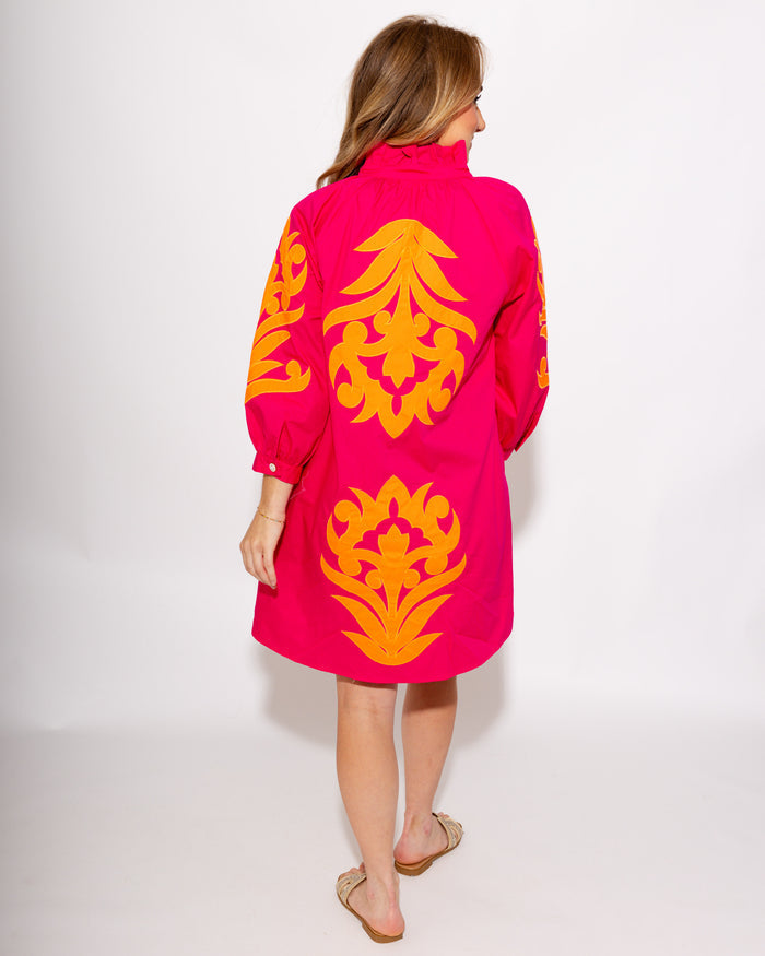 Baroque Floral Applique Shift Dress in Fuchsia