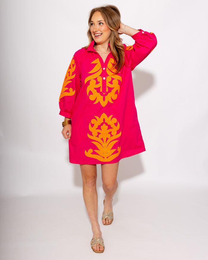 Baroque Floral Applique Shift Dress in Fuchsia