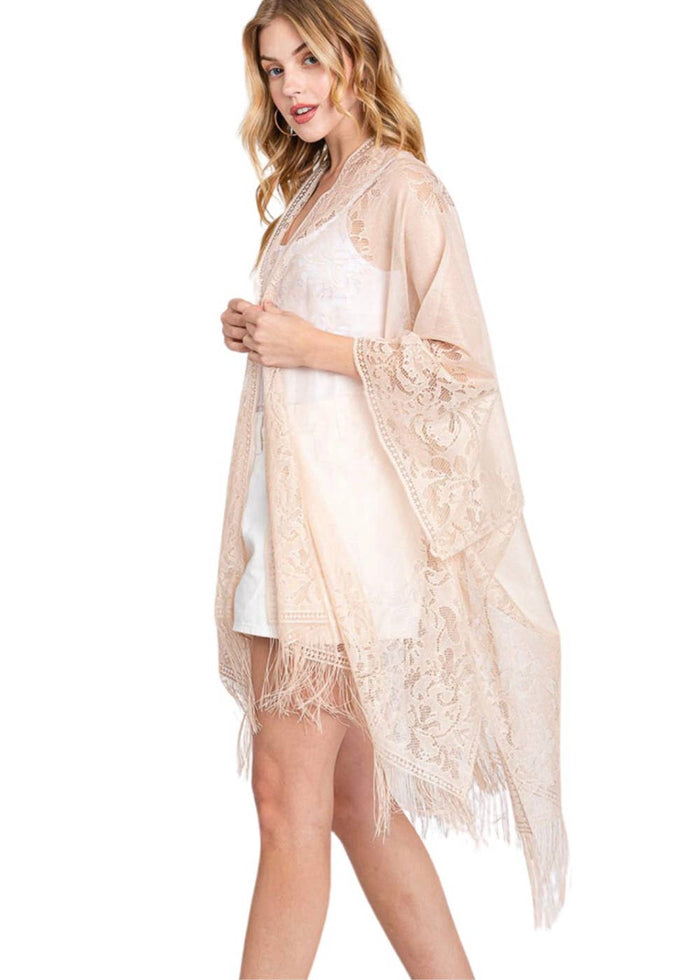 Beige Lace Kimono Boho Fringe Kimono