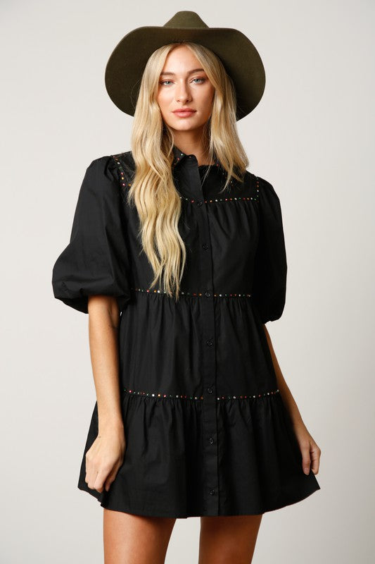 Black Rhinestone Detail Shirt Dress