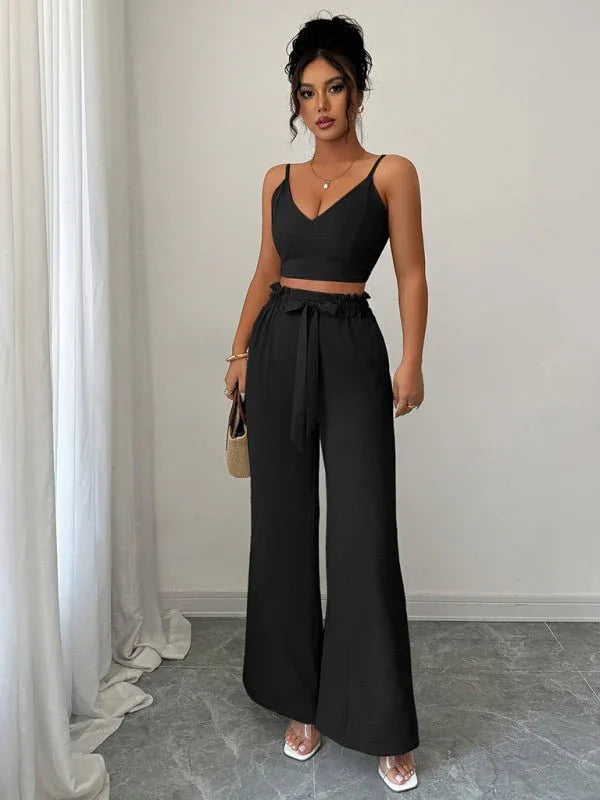 Black Suspender Vest Set with Wide-Leg Pants – Stylish and Comfortable Two-Piece Outfit - Allen-Fitness
