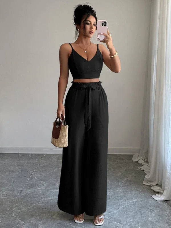 Black Suspender Vest Set with Wide-Leg Pants – Stylish and Comfortable Two-Piece Outfit - Allen-Fitness