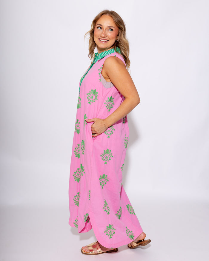 Bloom & Stripe Embroidered Midi Dress