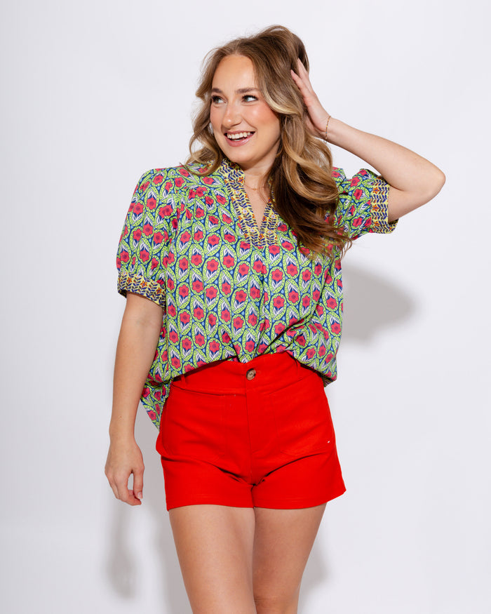 Boho Split Neck Puff Sleeve Top