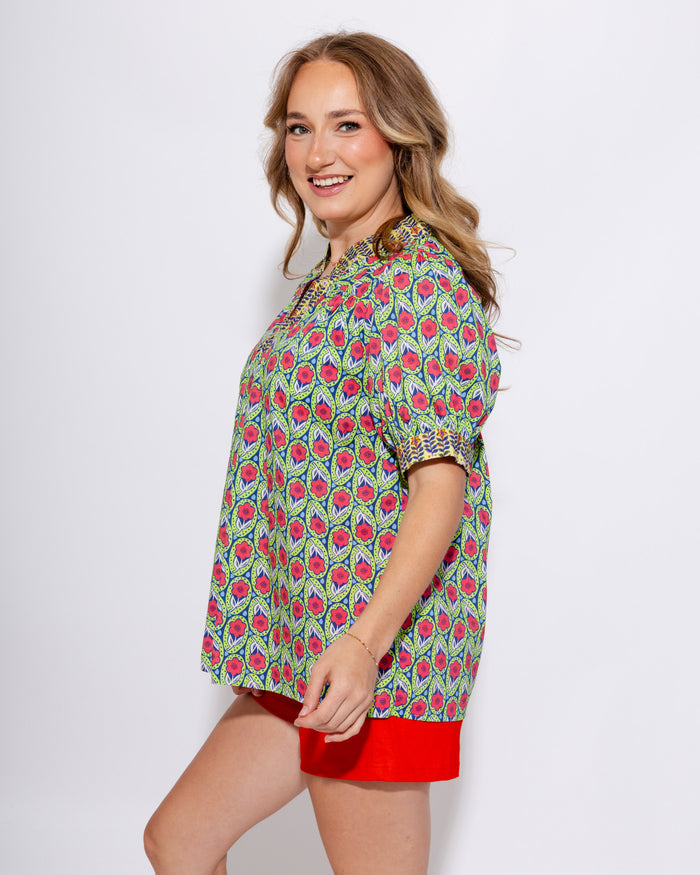 Boho Split Neck Puff Sleeve Top