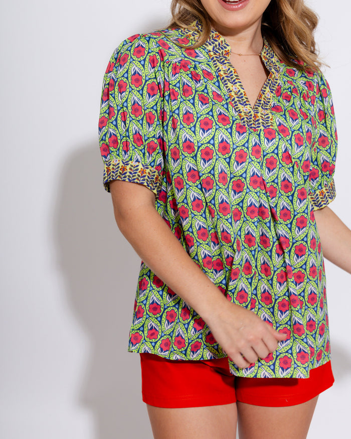 Boho Split Neck Puff Sleeve Top