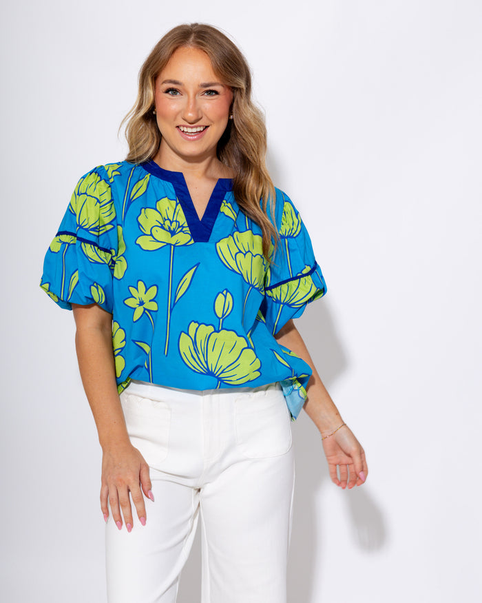 Cerulean Blue V-Neck Puff Sleeve Top - Umgee - Gaudie & Co. Texas Boutique