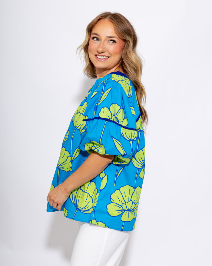 Cerulean Blue V-Neck Puff Sleeve Top - Umgee - Gaudie & Co. Texas Boutique