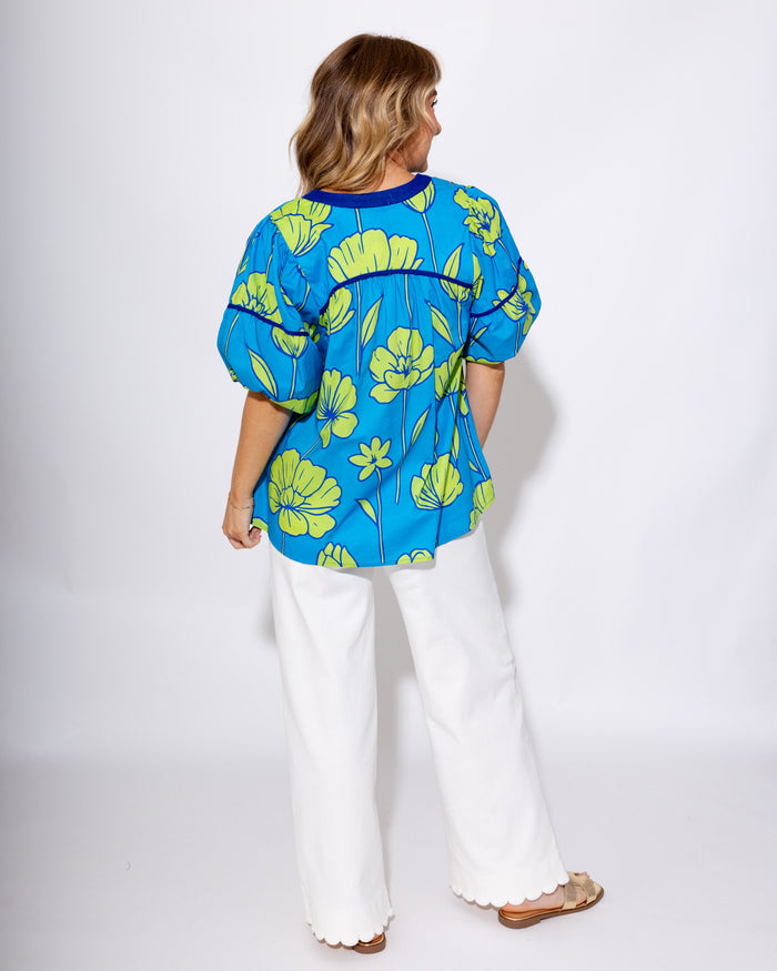 Cerulean Blue V-Neck Puff Sleeve Top - Umgee - Gaudie & Co. Texas Boutique