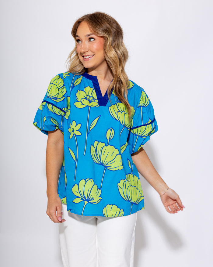 Cerulean Blue V-Neck Puff Sleeve Top - Umgee - Gaudie & Co. Texas Boutique