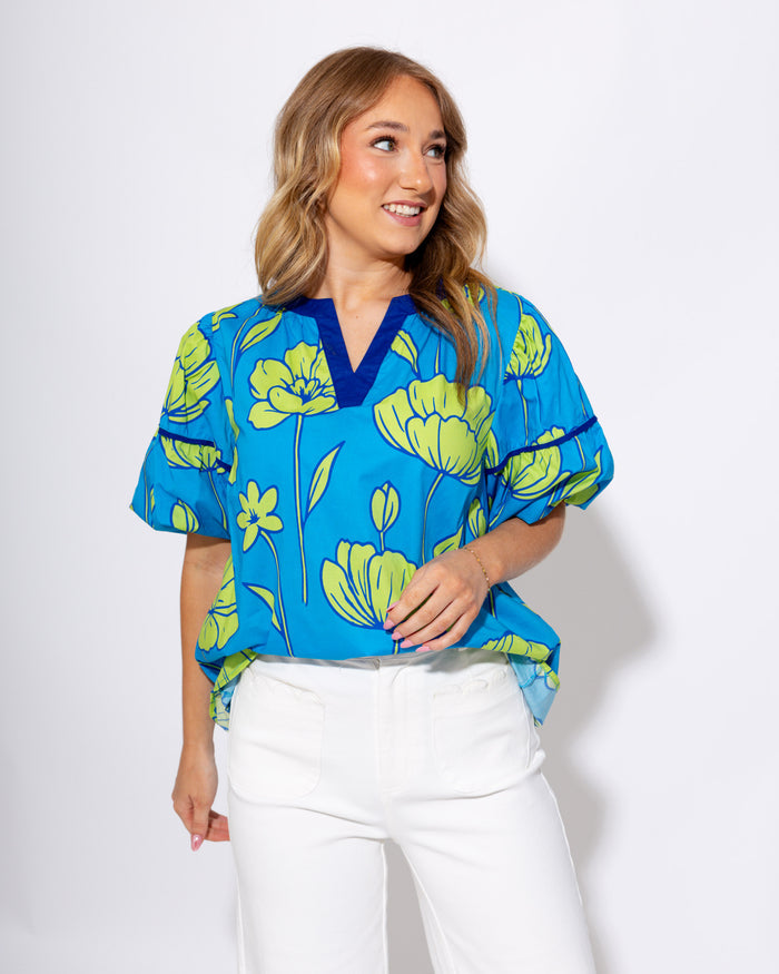 Cerulean Blue V-Neck Puff Sleeve Top - Umgee - Gaudie & Co. Texas Boutique