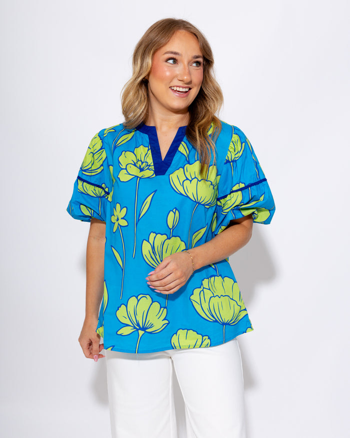 Cerulean Blue V-Neck Puff Sleeve Top - Umgee - Gaudie & Co. Texas Boutique