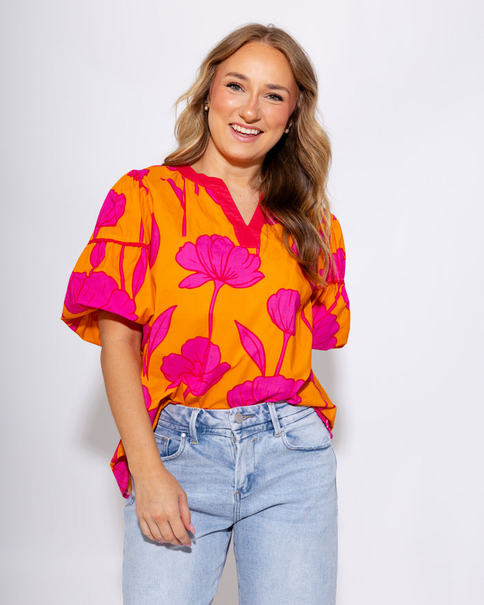 Tangerine V-Neck Puff Sleeve Top - Umgee - Gaudie & Co. Southeast Texas Boutique