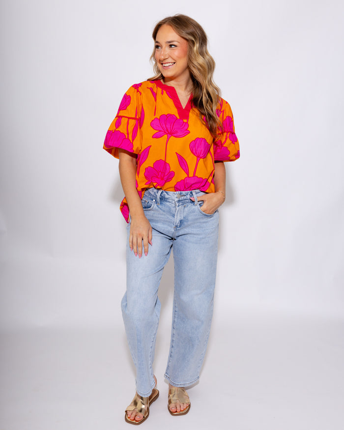 Tangerine V-Neck Puff Sleeve Top - Umgee - Gaudie & Co. Southeast Texas Boutique