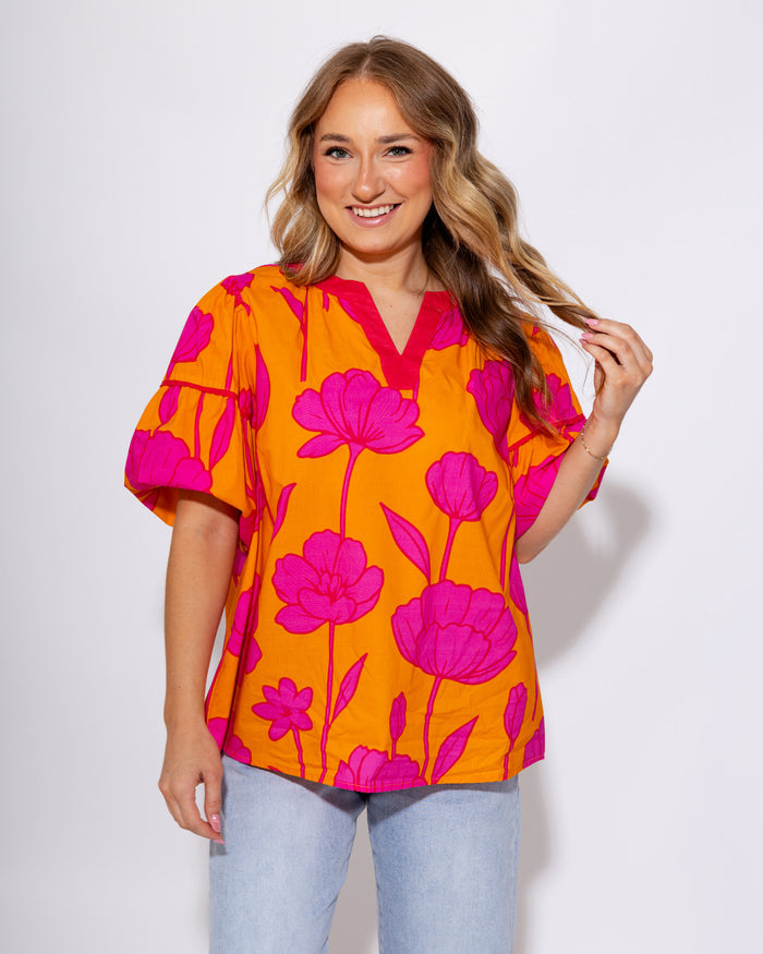 Tangerine V-Neck Puff Sleeve Top - Umgee - Gaudie & Co. Southeast Texas Boutique