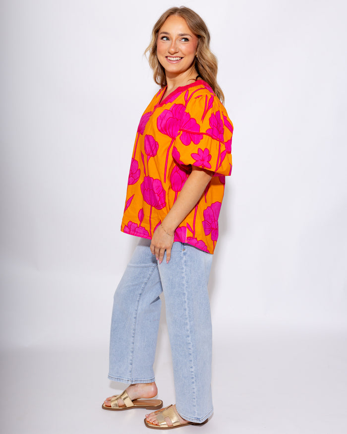 Tangerine V-Neck Puff Sleeve Top - Umgee - Gaudie & Co. Southeast Texas Boutique