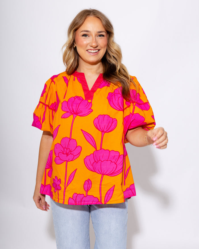 Tangerine V-Neck Puff Sleeve Top - Umgee - Gaudie & Co. Southeast Texas Boutique