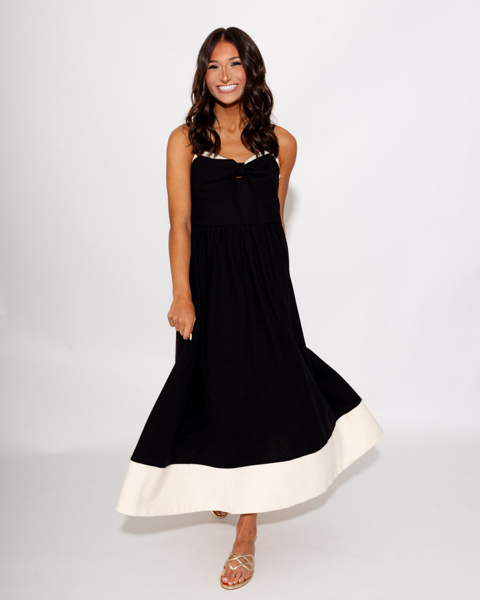Bow Detail Contrast Trim Midi Dress
