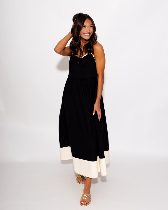 Bow Detail Contrast Trim Midi Dress
