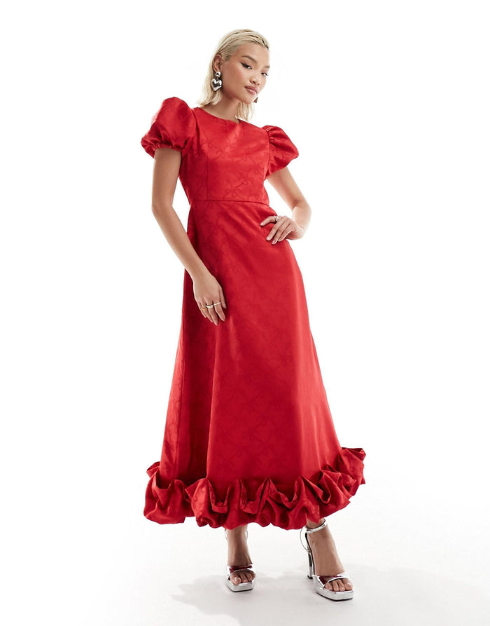 Bow Embossed Puff Sleeve Midi