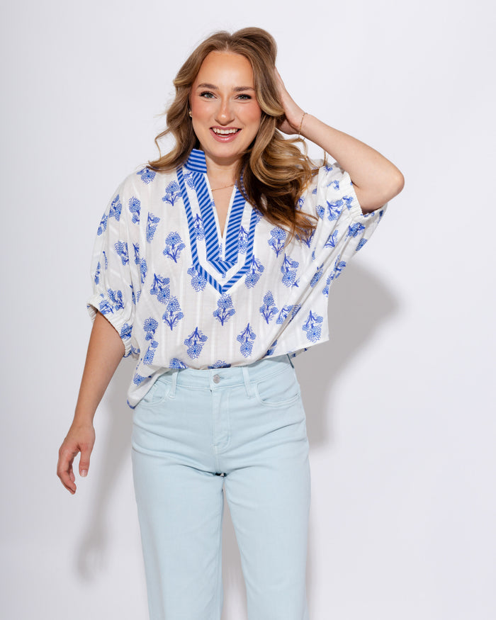 Breezy Botanical Dolman Top in Blue