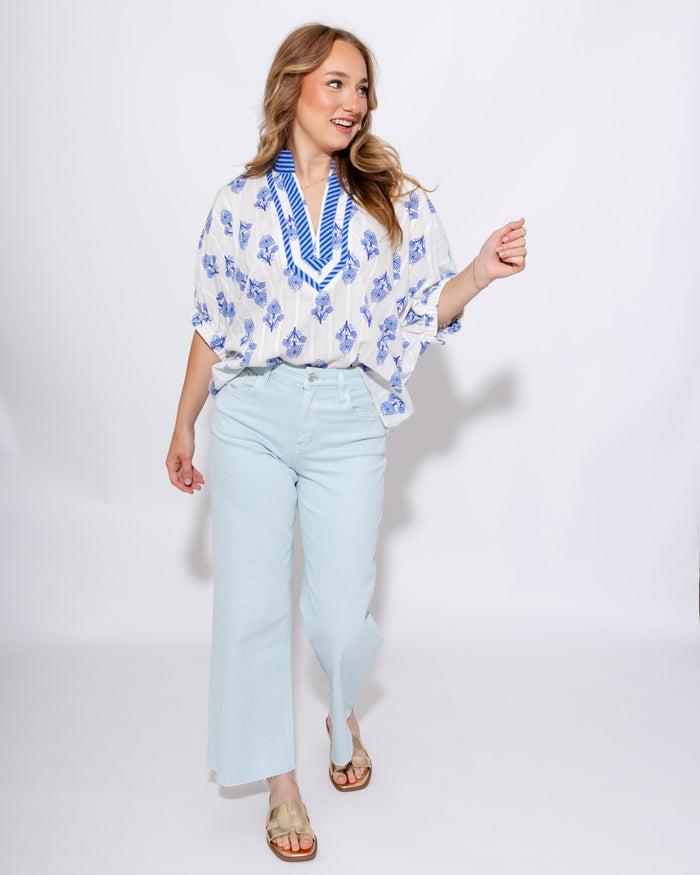Breezy Botanical Dolman Top in Blue