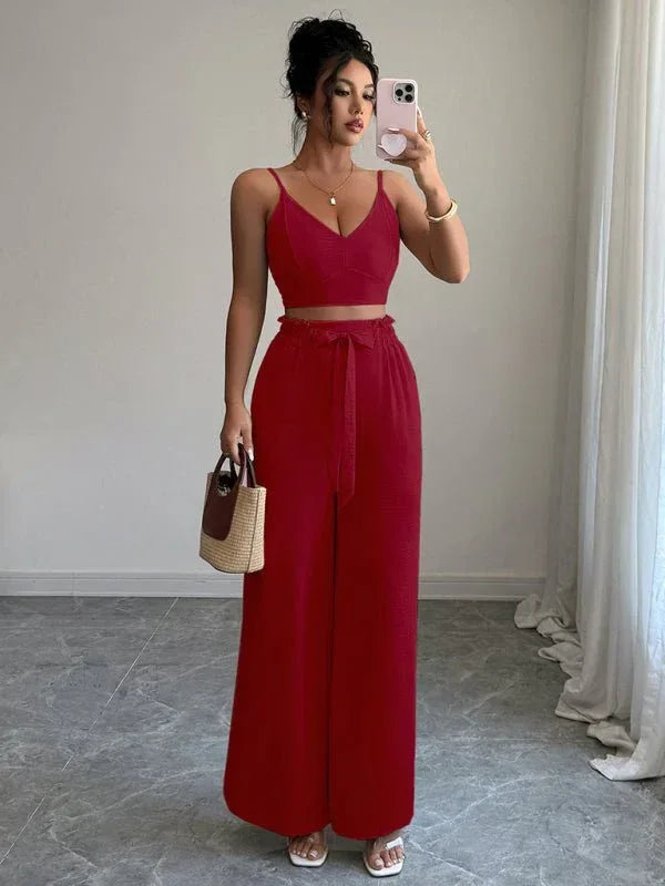 Burgundy suspender vest wide-leg pants two-piece set - Allen-Fitness
