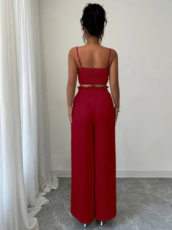 Burgundy suspender vest wide-leg pants two-piece set - Allen-Fitness