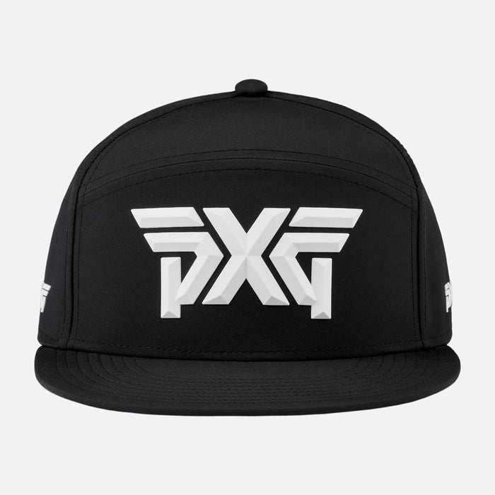 Camper Flat Bill Snapback Cap in Black, back view