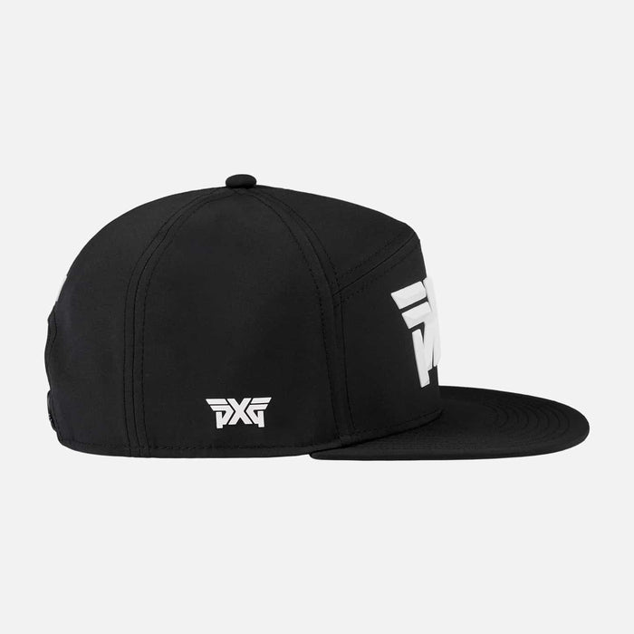 Camper Flat Bill Snapback Cap in Black, back view
