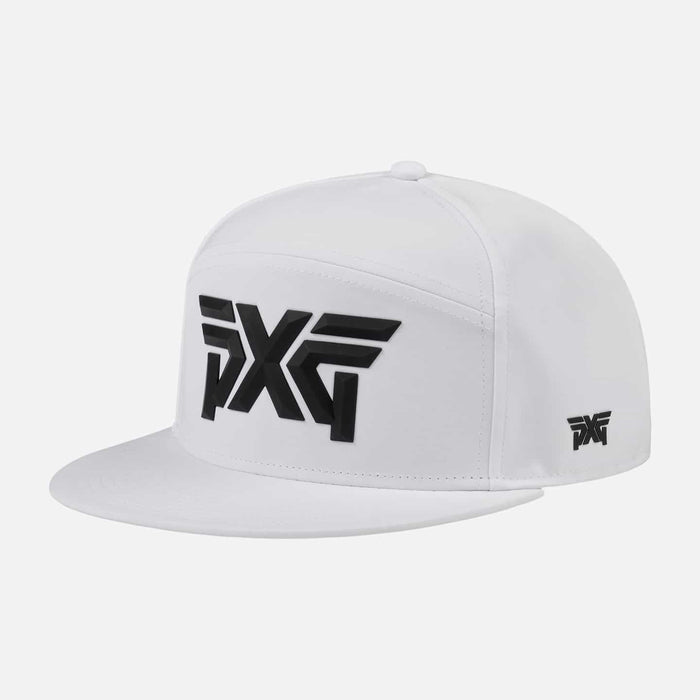 Camper Flat Bill Snapback Cap in White, back view