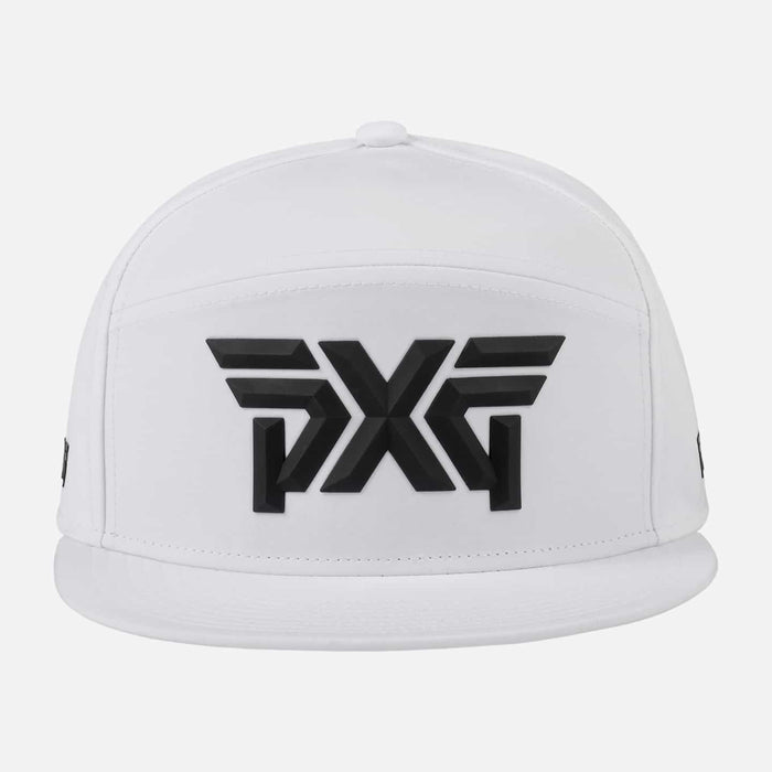Camper Flat Bill Snapback Cap in White, back view