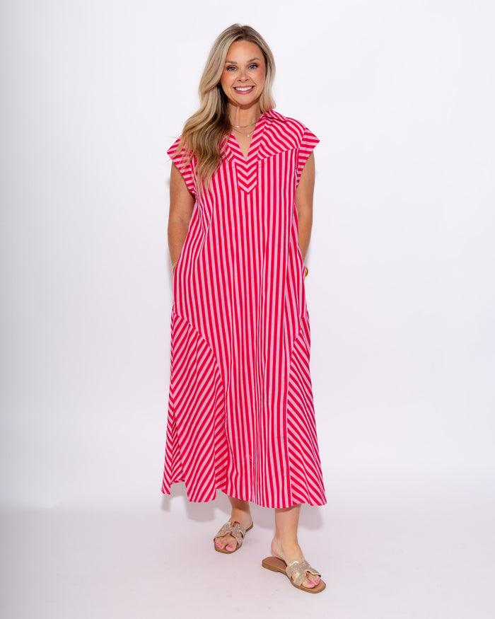 Cap Sleeve Mixed Stripe Midi