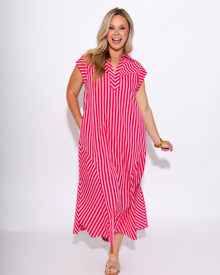 Cap Sleeve Mixed Stripe Midi