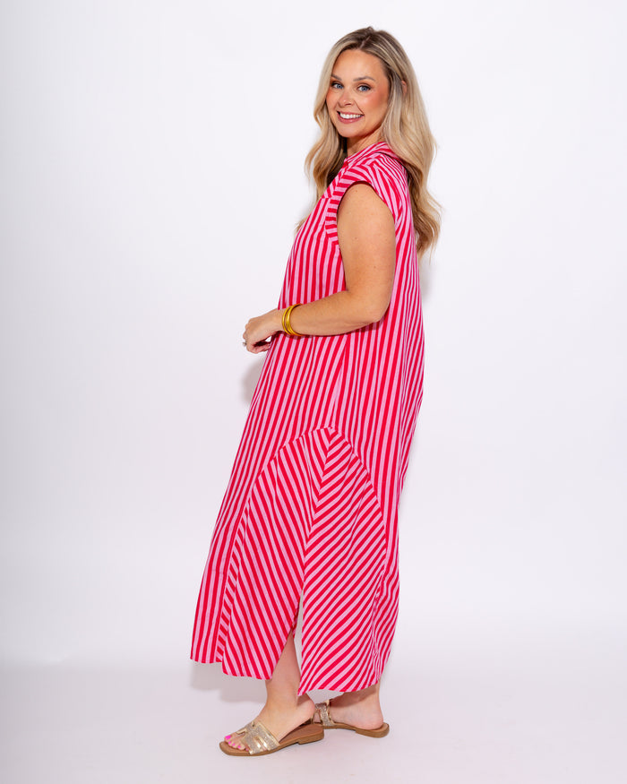 Cap Sleeve Mixed Stripe Midi