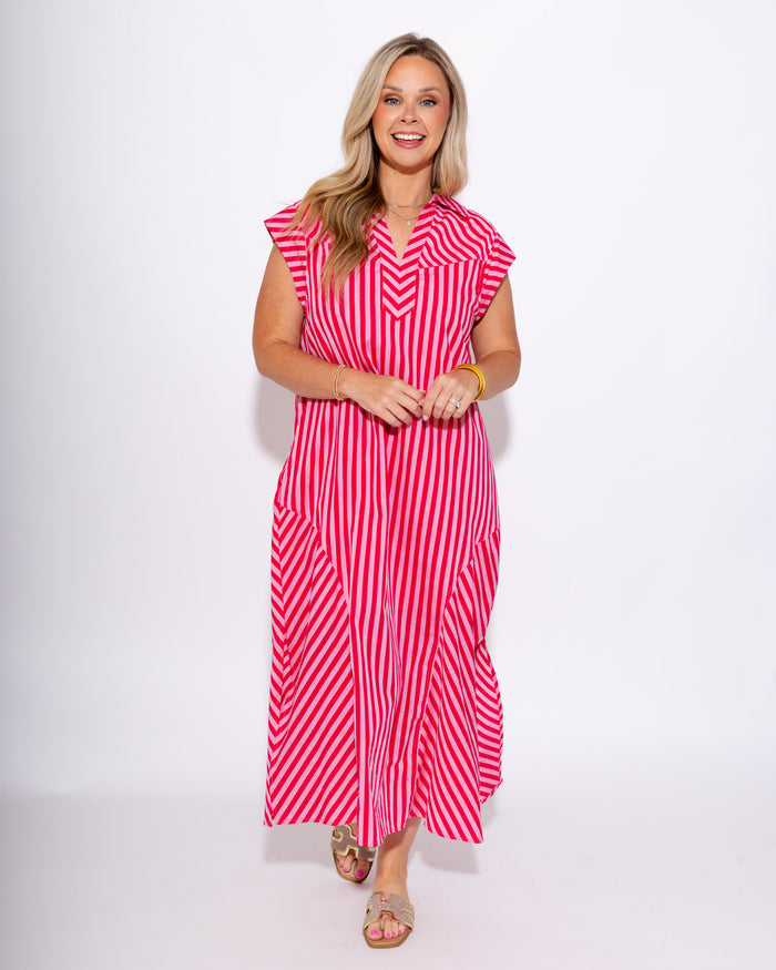 Cap Sleeve Mixed Stripe Midi