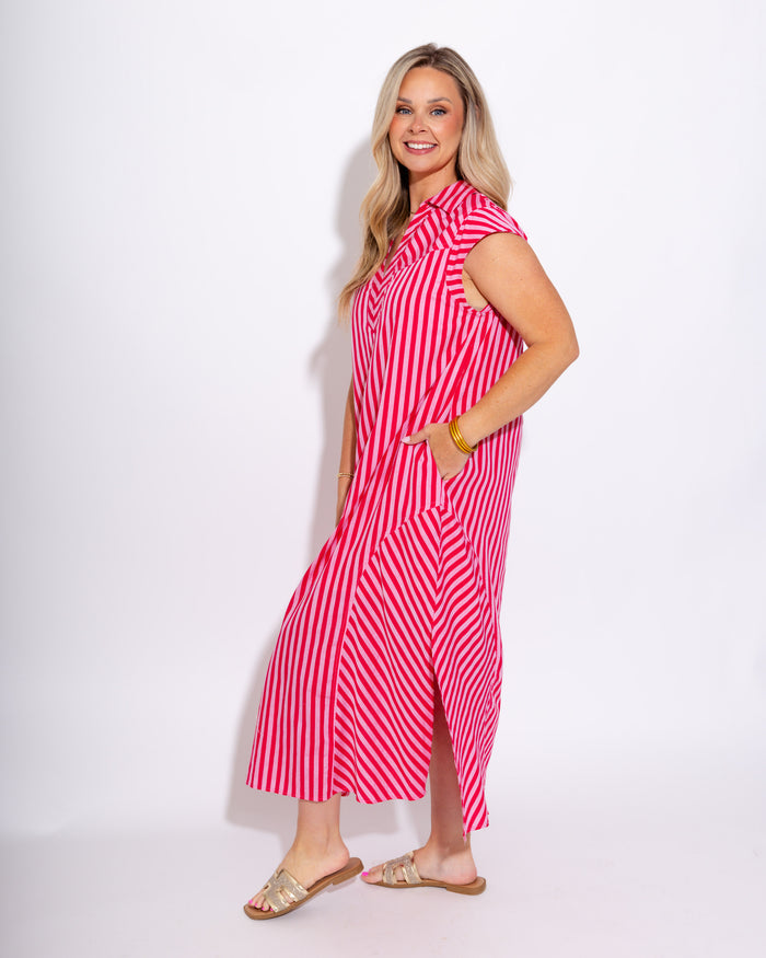 Cap Sleeve Mixed Stripe Midi