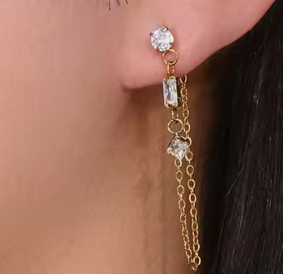 Chain 3 CZ + 14K Gold Earrings