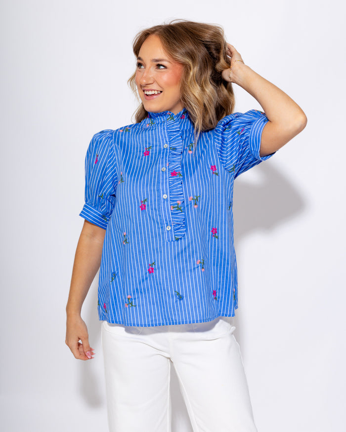 Blue Floral Puff Sleeve Top Pink Blooms - Entro - Gaudie & Co. Southeast Texas Boutique