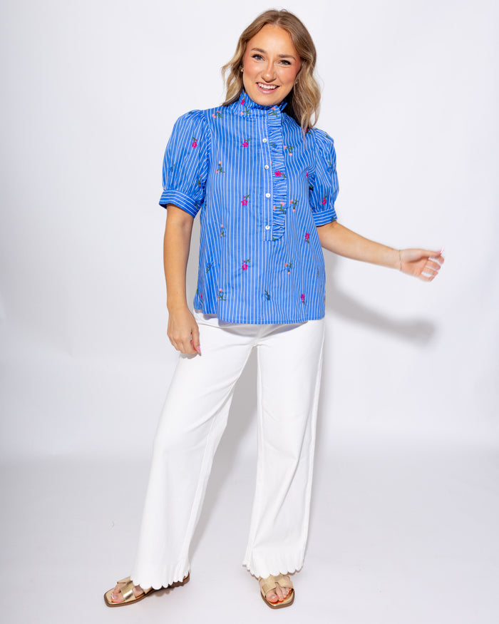Blue Floral Puff Sleeve Top Pink Blooms - Entro - Gaudie & Co. Southeast Texas Boutique