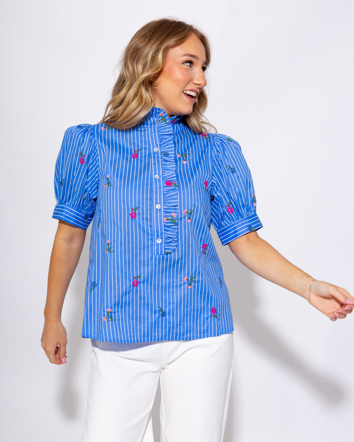 Blue Floral Puff Sleeve Top Pink Blooms - Entro - Gaudie & Co. Southeast Texas Boutique