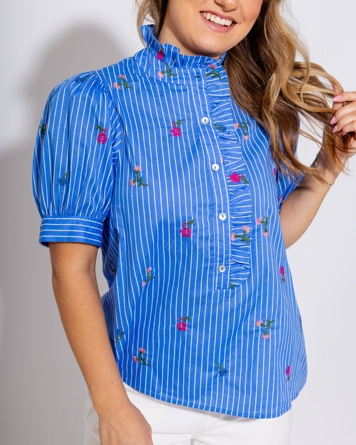 Blue Floral Puff Sleeve Top Pink Blooms - Entro - Gaudie & Co. Southeast Texas Boutique