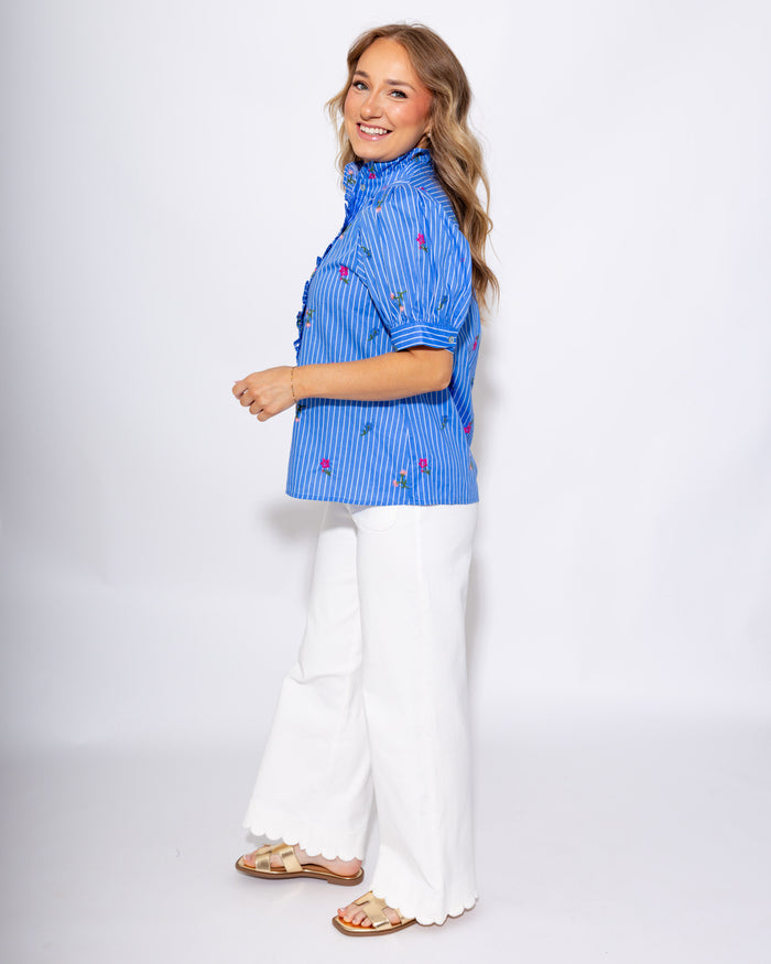 Blue Floral Puff Sleeve Top Pink Blooms - Entro - Gaudie & Co. Southeast Texas Boutique