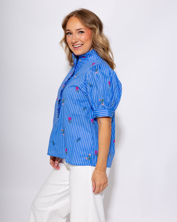 Blue Floral Puff Sleeve Top Pink Blooms - Entro - Gaudie & Co. Southeast Texas Boutique