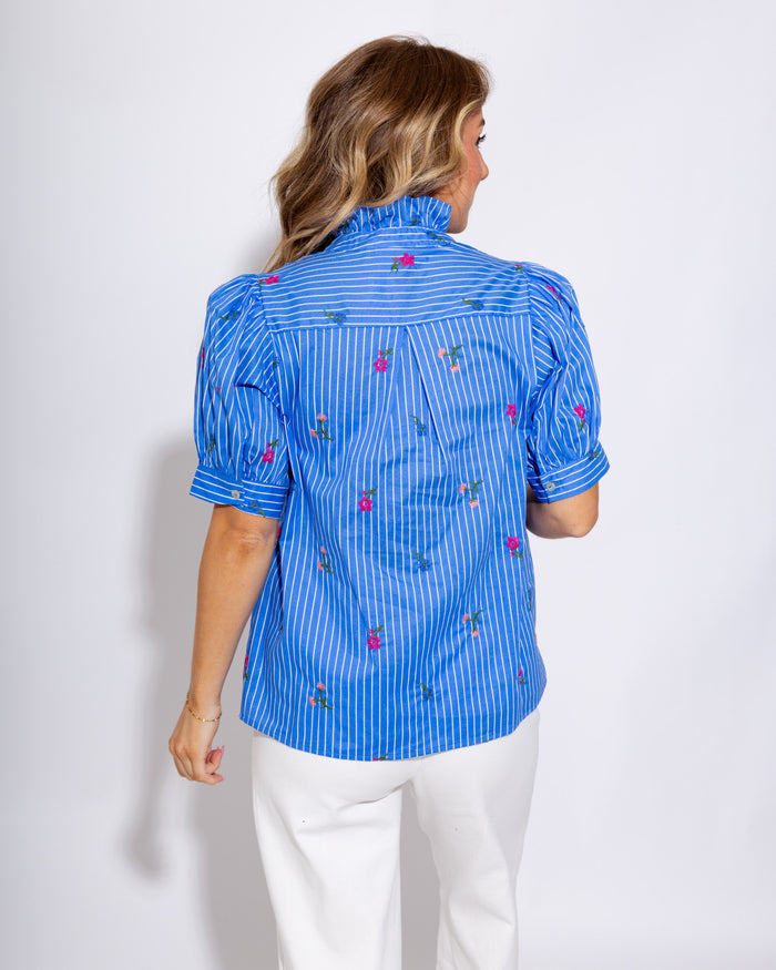 Blue Floral Puff Sleeve Top Pink Blooms - Entro - Gaudie & Co. Southeast Texas Boutique