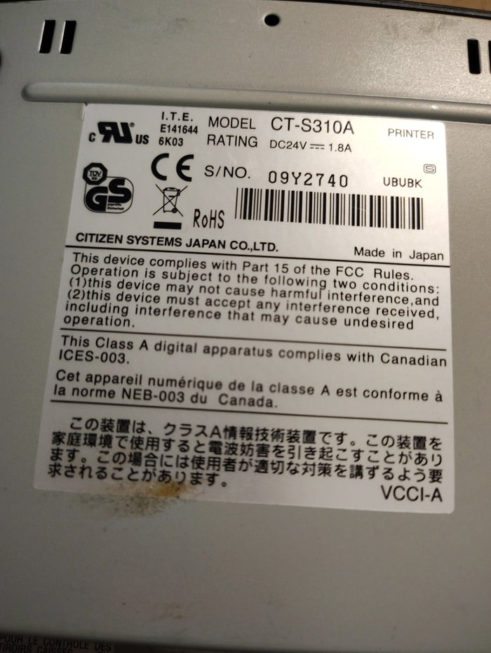 Citizen CT-S310A thermal Receipt printer without power cord used