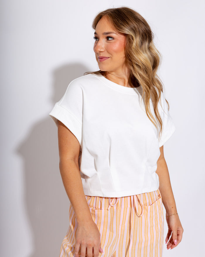 White Seam Detail Cropped Cap Sleeve Knit Top - Entro - Gaudie & Co. Texas Boutique