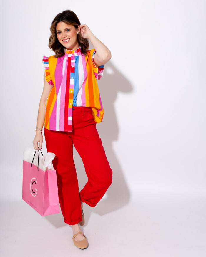 Color Pop Stripe Flutter Sleeve Top